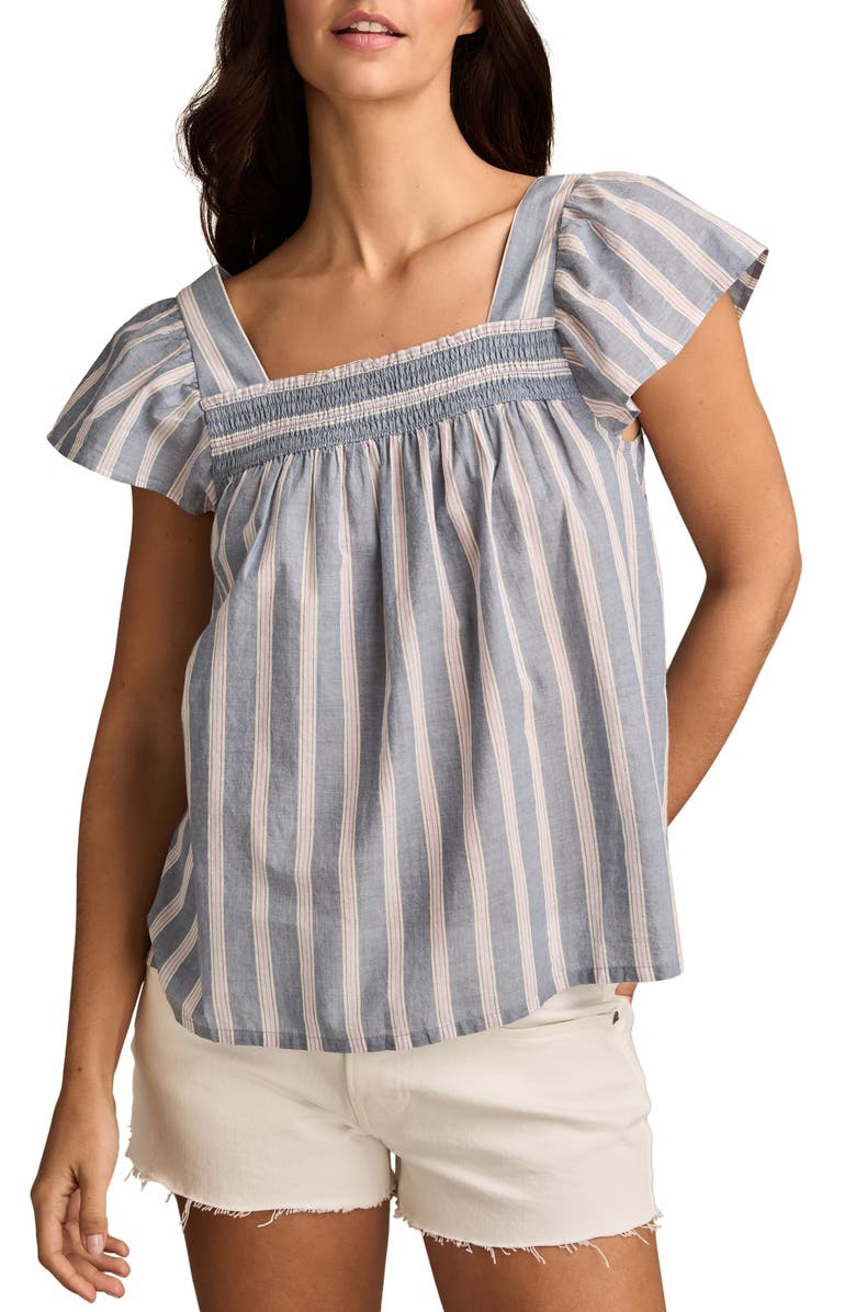 Lucky Brand Stripe Smocked Square Neck Cotton Peasant Top, Main, color, Navy Stripe