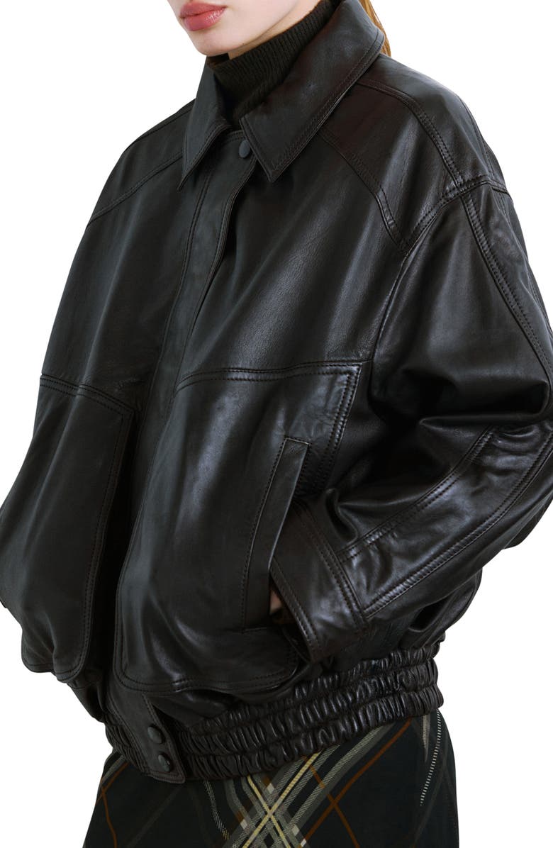MANGO London Oversize Leather Jacket, Main, color, Brown
