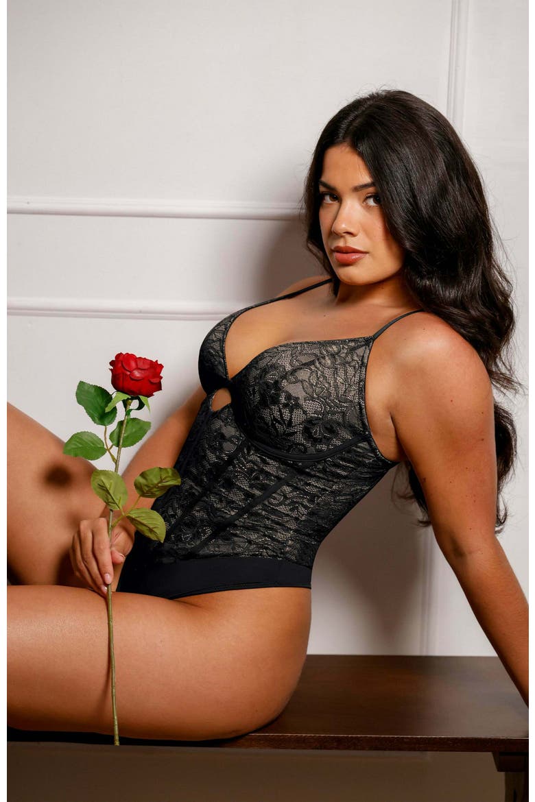 Shapewear Cutout Corset Hourglass Sculpting Lace Bodysuit, Alternate, color, Charcoal Black