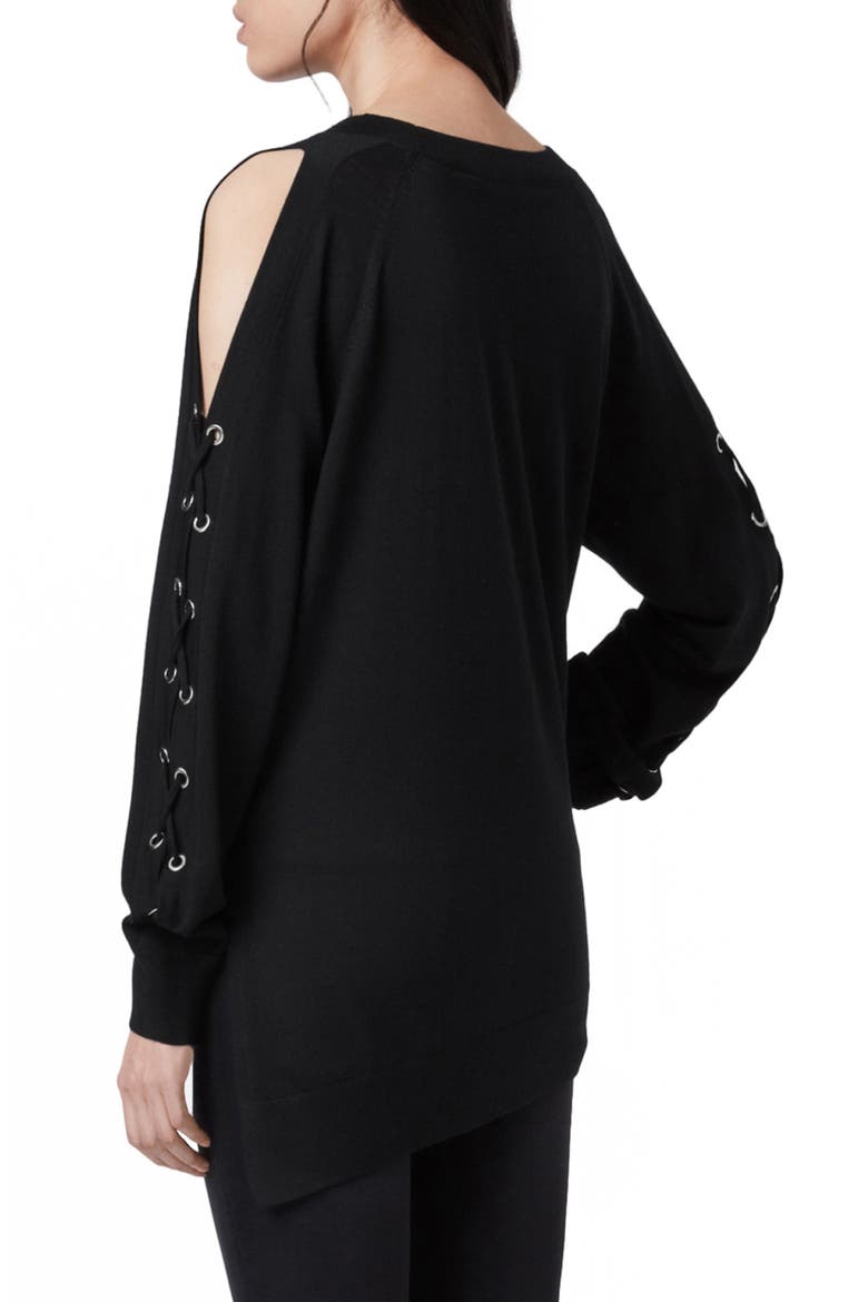 Cross Lace-Up Sleeve Merino Wool Sweater, Alternate, color, BLACK
