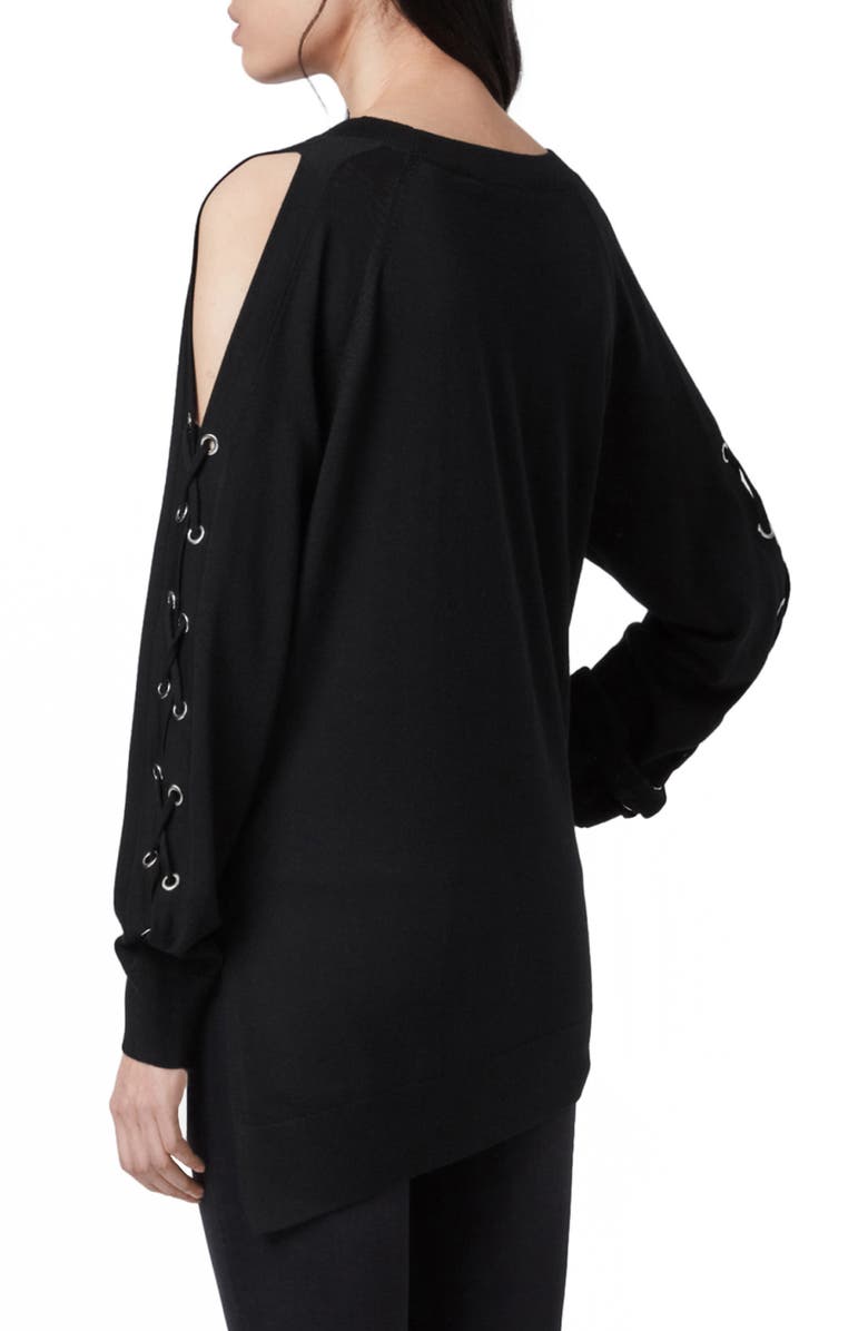 AllSaints Cross Lace-Up Sleeve Merino Wool Sweater, Alternate, color, 