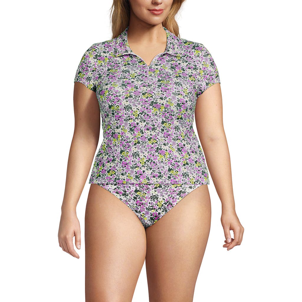 Lands' End Plus Size Short Sleeve Pique Johnny Collar Upf 50 Rash Guard In White Multi Ditsy Floral