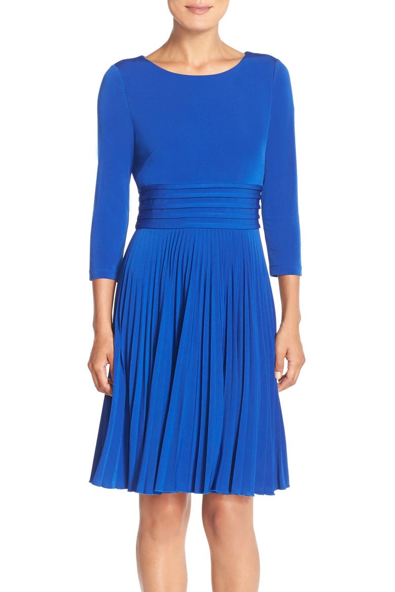 Pleated Jersey Fit & Flare Dress, Alternate, color, COBALT