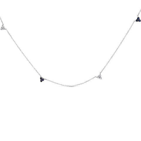 14K White Gold 1/5 Cttw Diamond and Sapphire Trio Cluster Station Necklace