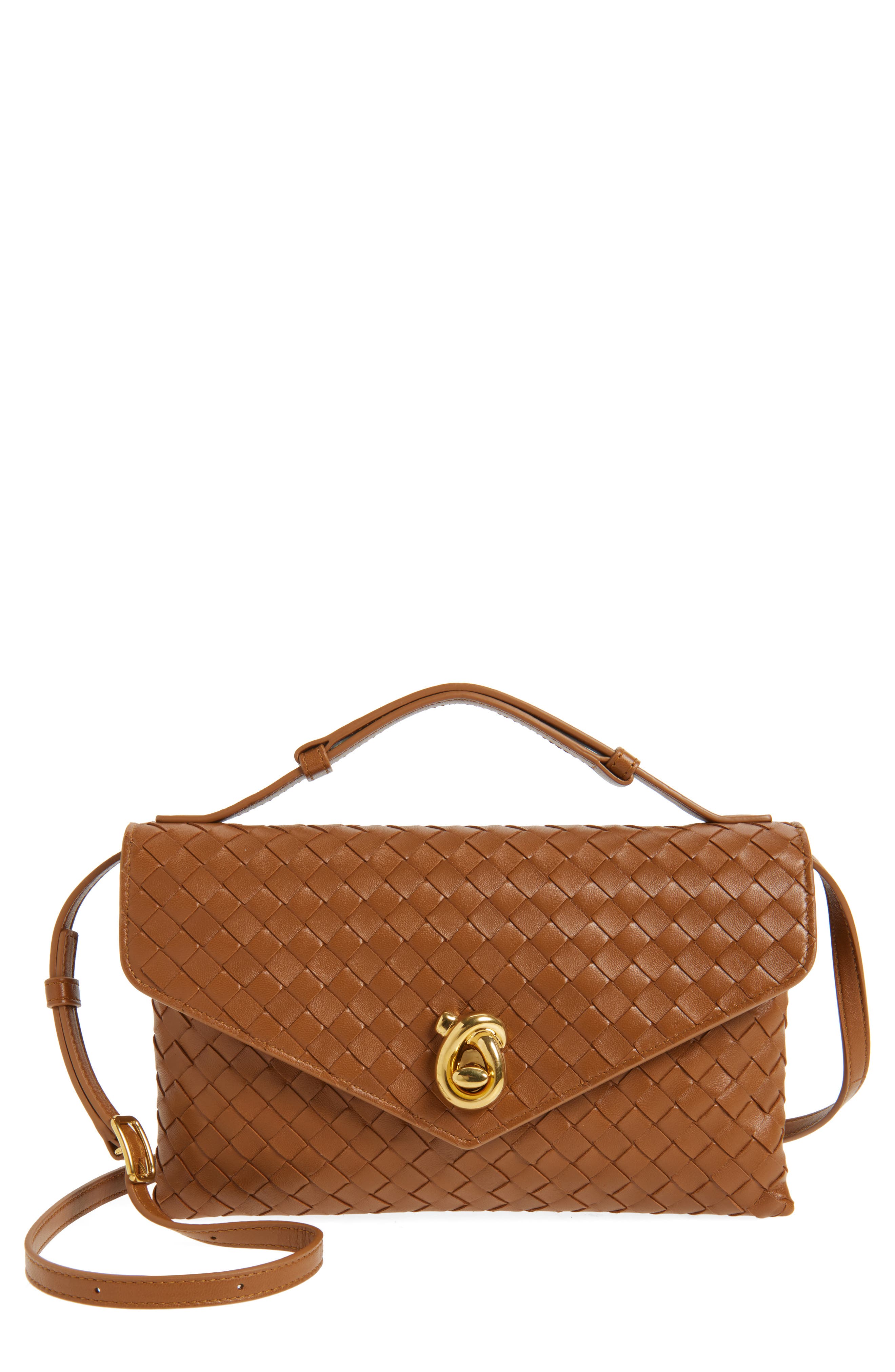Bottega Veneta Knot Lock Intrecciato Leather Shoulder Bag, Main, color, 2599 Amber-M Brass