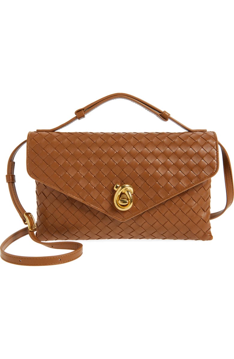 Bottega Veneta Knot Lock Intrecciato Leather Shoulder Bag, Main, color, 2599 Amber-M Brass