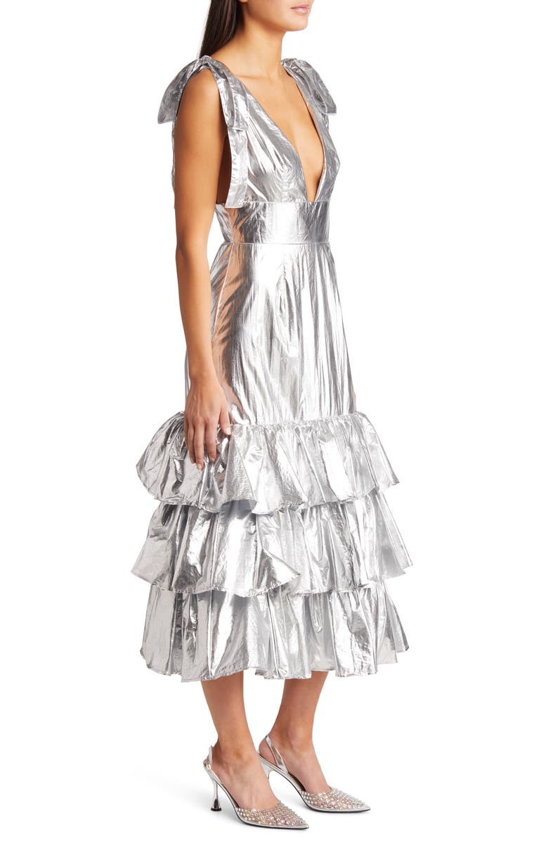 Amy Lynn Plunge Neck Tie Strap Metallic Tiered Dress, Alternate, color, 