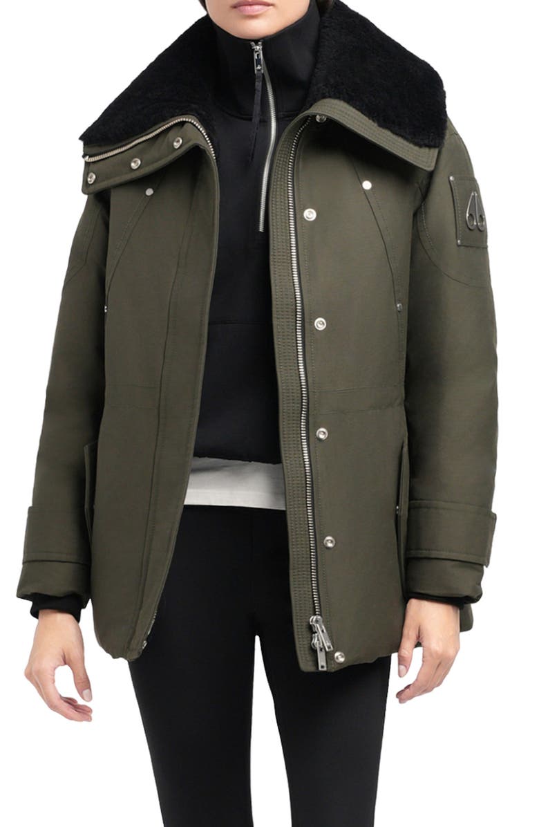 Moose Knuckles Aurora Water Repellent Genuine Shearling Lined 800 Fill Power Down Jacket, Main, color, Dark Olive W/ Black Shearling