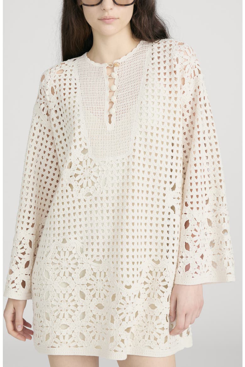 The Postcard Open Stitch Long Sleeve Cotton Minidress, Alternate, color, CREAM