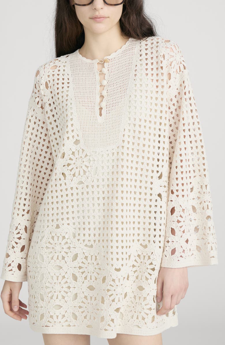 FRAME The Postcard Open Stitch Long Sleeve Cotton Minidress, Alternate, color, Cream