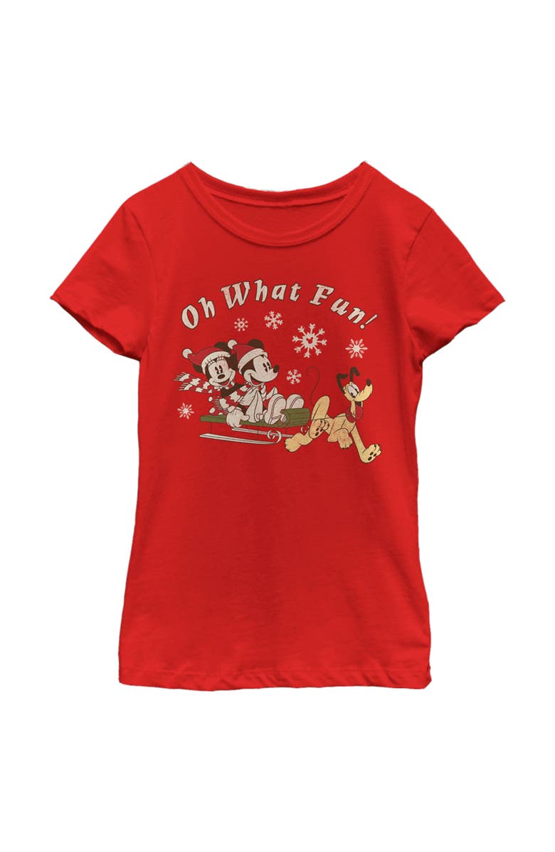 Mickey & Friends Girl's Mickey & Friends Oh What Fun Sled  Graphic T-Shirt, Main, color, Red