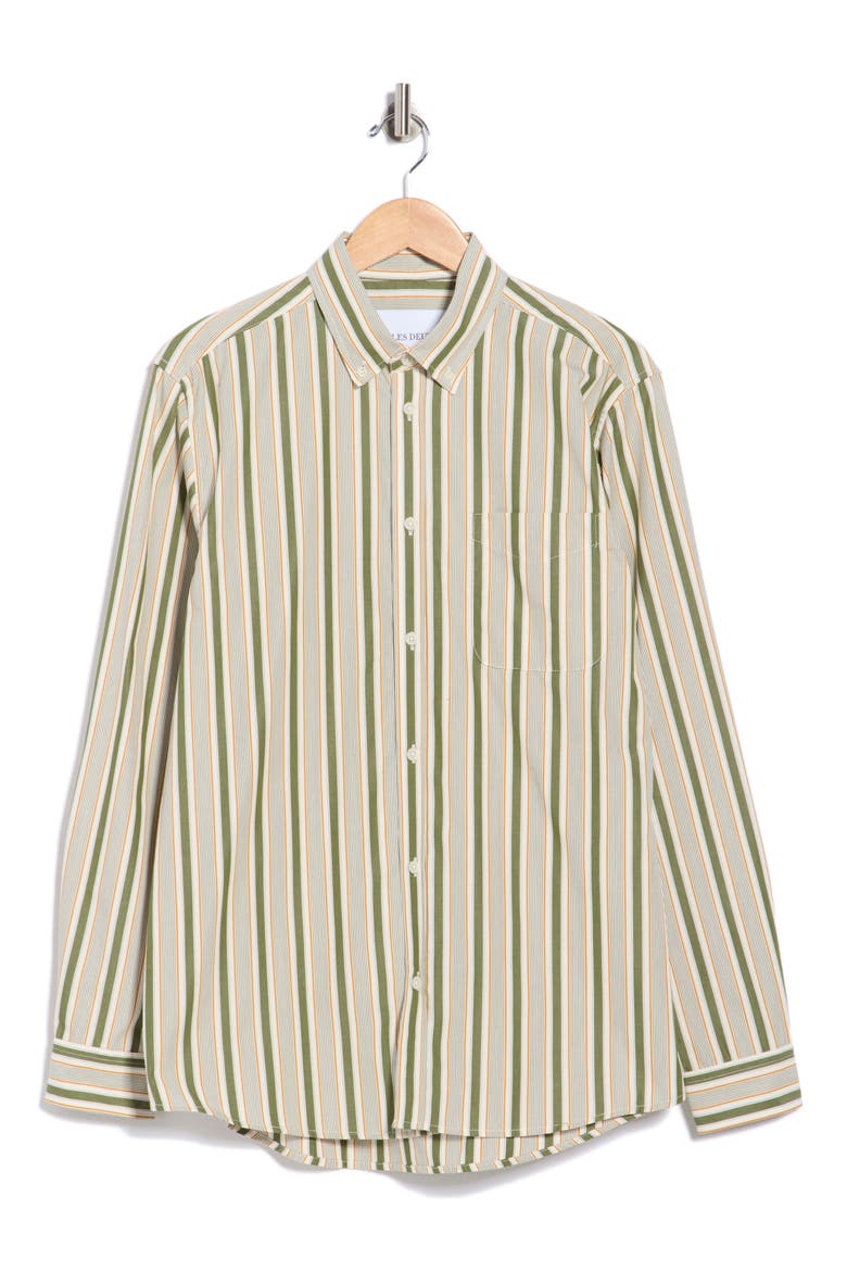 Kent Stripe Peached Organic Cotton Poplin Button-Down Shirt, Alternate, color, CHIVE GREEN/ THAI CURRY