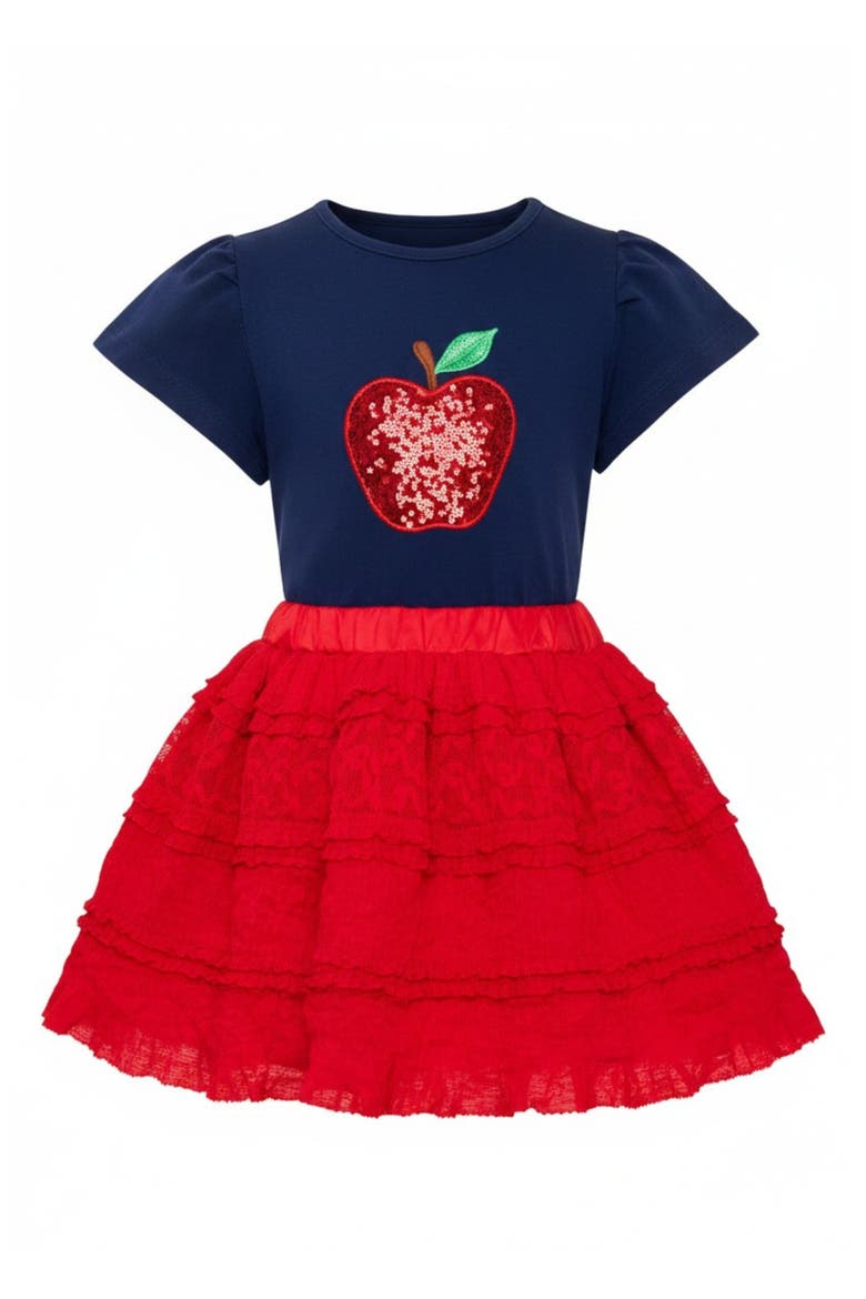 Sparkle Apple Tee & Tiered Lace Ruffle Skirt Set, Main, color, Red