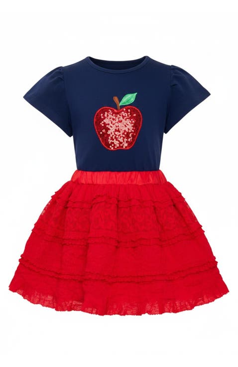 Sparkle Apple Tee & Tiered Lace Ruffle Skirt Set