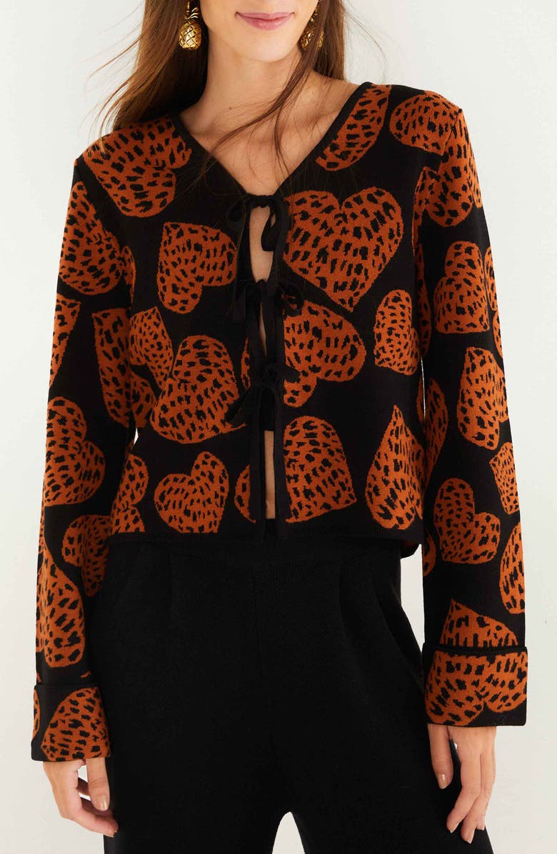 FARM Rio Leopard Hearts Jacquard Cardigan, Main, color, Leopard Hearts Black