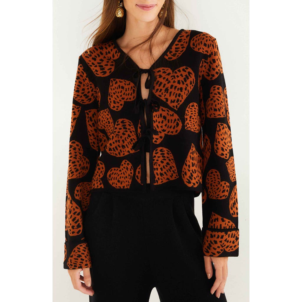 Farm Rio Leopard Hearts Knit Cardigan Leopard Hearts Black In Gold