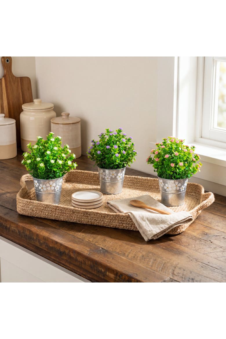 8-in Artificial Flowering Plant in Decorative Daisy Tin Planter - Set of 3, Alternate, color, Assortment 2