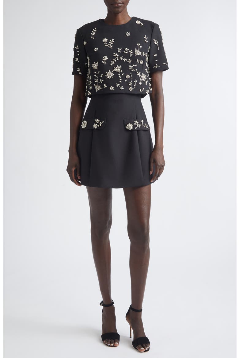 Embellished Crystal Flowers Stretch Wool Cocktail Dress, Main, color, BLACK
