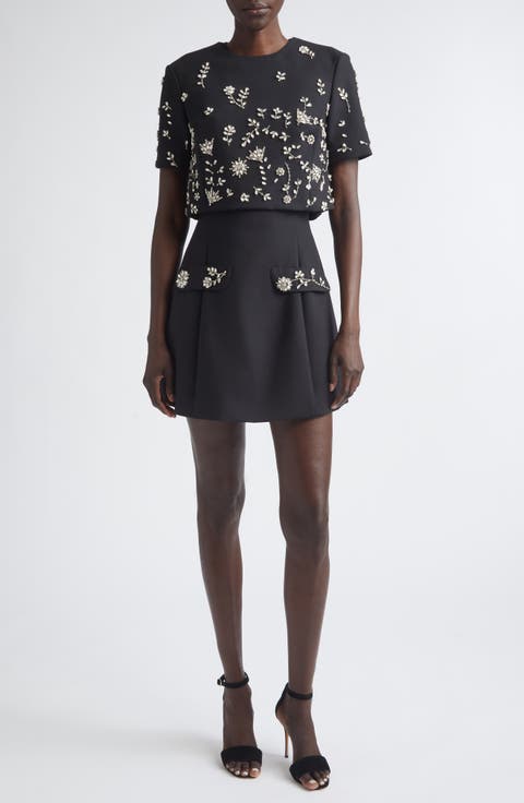 Embellished Crystal Flowers Stretch Wool Cocktail Dress