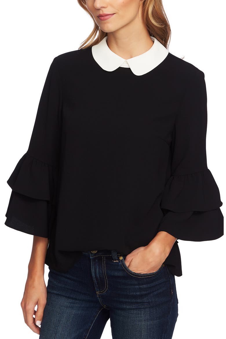 Peter Pan Collar Ruffle Sleeve Blouse, Alternate, color, RICH BLACK