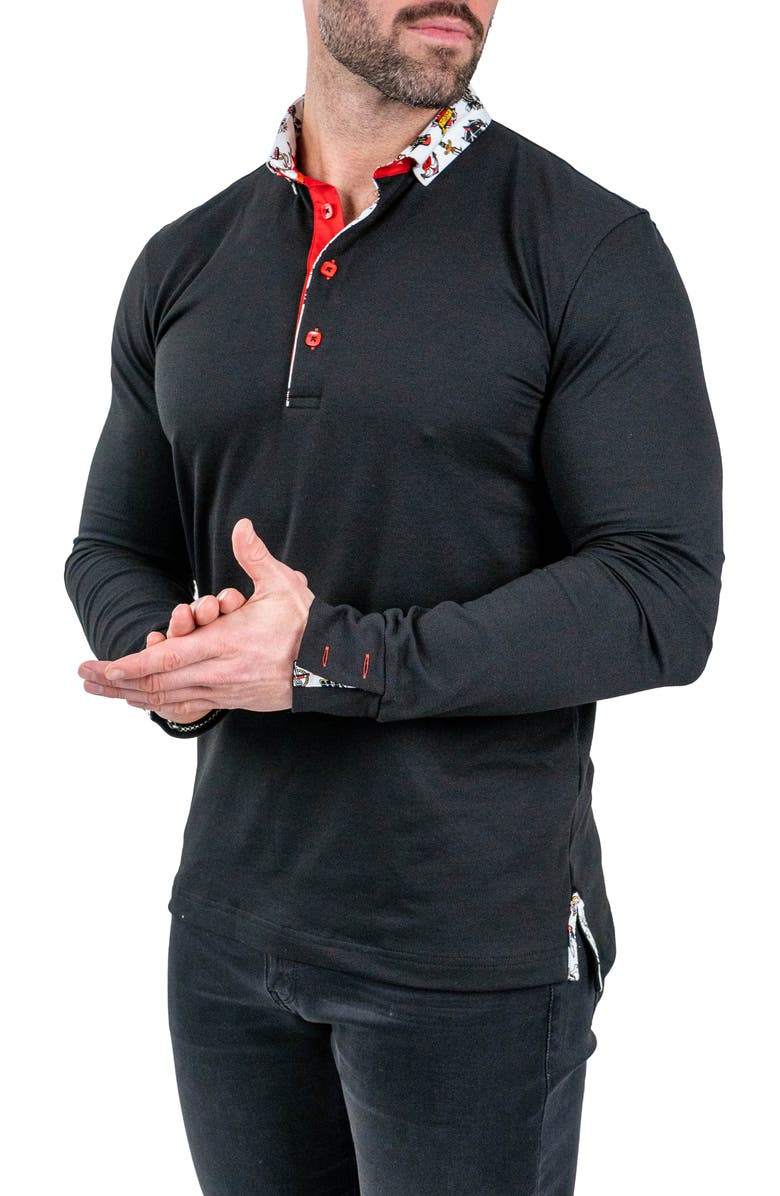 Maceoo Newton Solid Tattoo Print Accent Long Sleeve Cotton Polo, Alternate, color, 