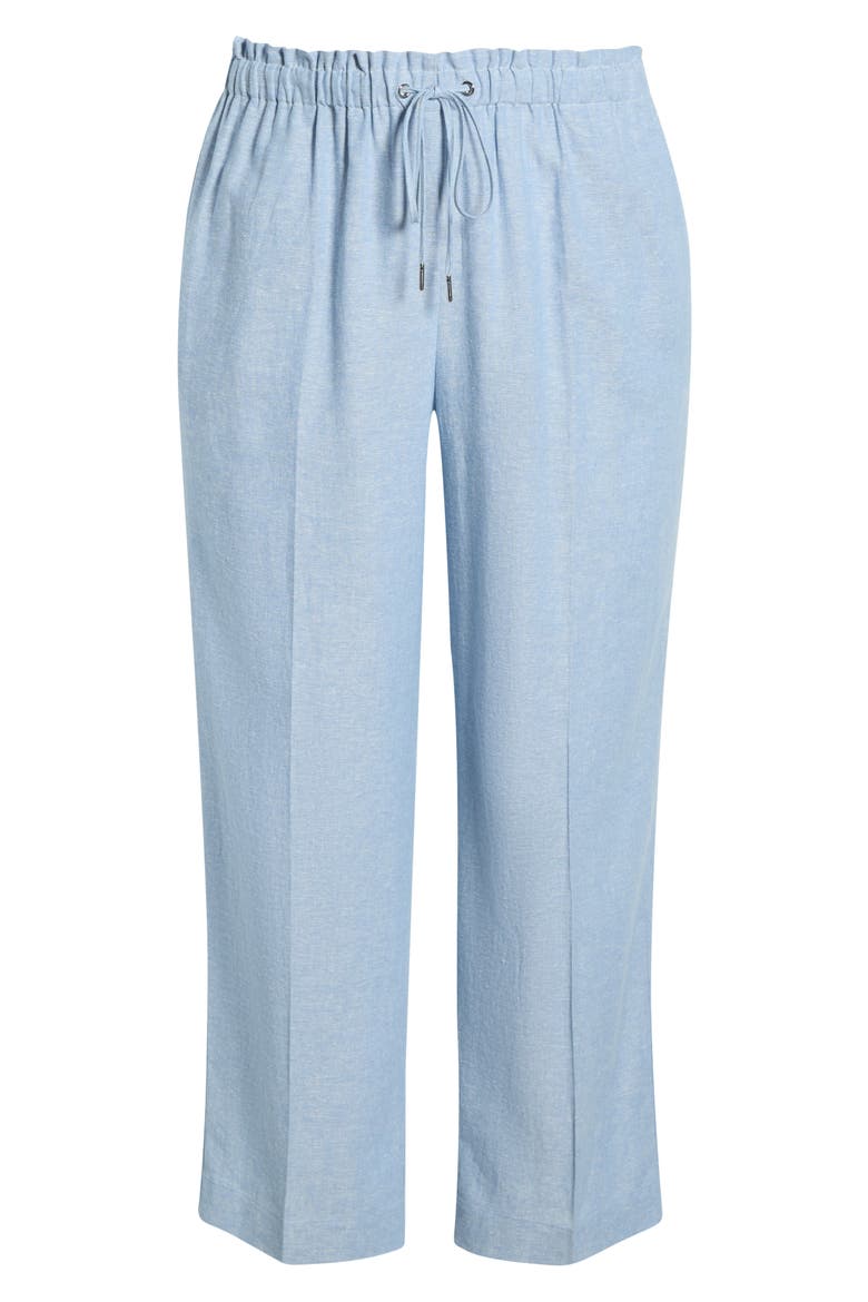 Crop Wide Leg Drawstring Linen Blend Pants, Alternate, color, LAGOON/ CRISP WHITE