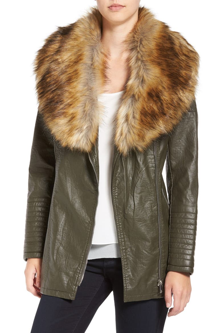 Faux Leather Jacket with Faux Fur Collar, Main, color, OLIVE