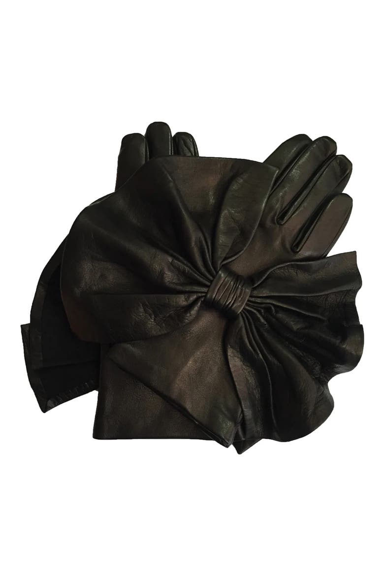 Minnie Massive Bow Leather Gloves, Main, color, BLACK