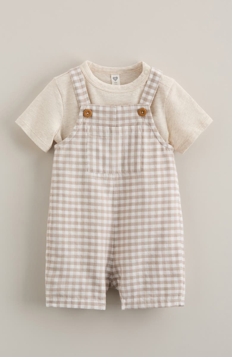 Nordstrom Cotton Bodysuit & Shortalls Set, Alternate, color, Beige O Light Heather Gingham