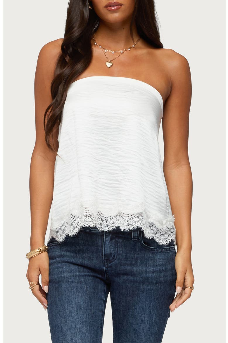 Netta Lacey Strapless Satin Top, Main, color, WHITE