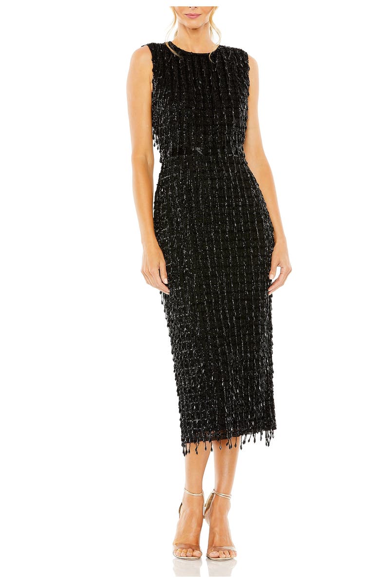 Mac Duggal Beaded Fringe Black Sleeveless Midi Dress, Main, color, Black