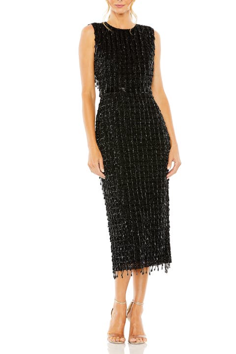 Beaded Fringe Black Sleeveless Midi Dress