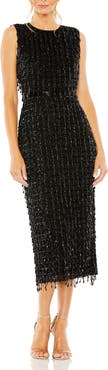 Mac Duggal Beaded Fringe Black Sleeveless Midi Dress