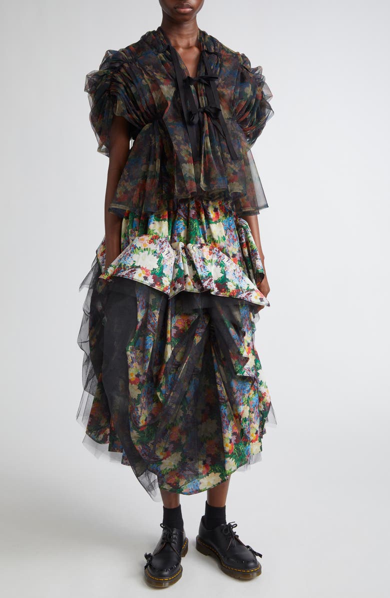 Tao Comme des Garçons Gathered Tulle & Floral Print Cotton MIdi Skirt, Alternate, color,