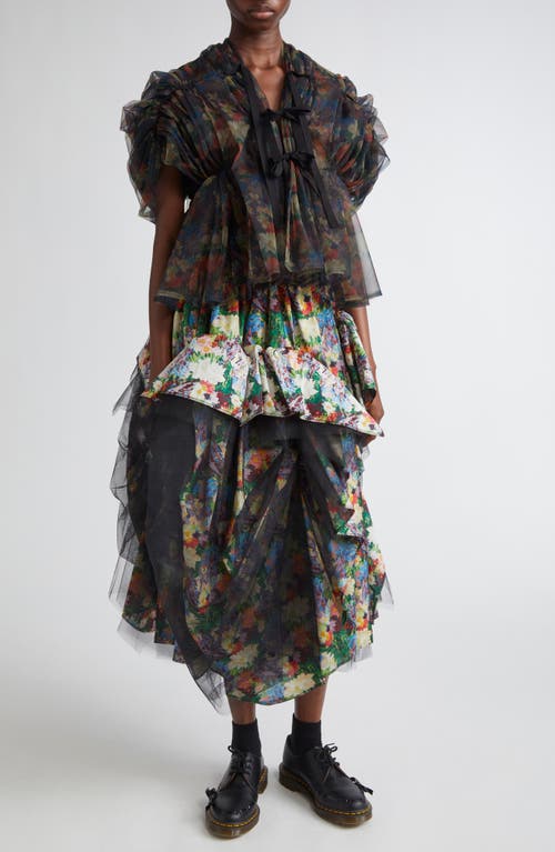 Tao Comme Des Garçons Gathered Tulle & Floral Print Cotton Top