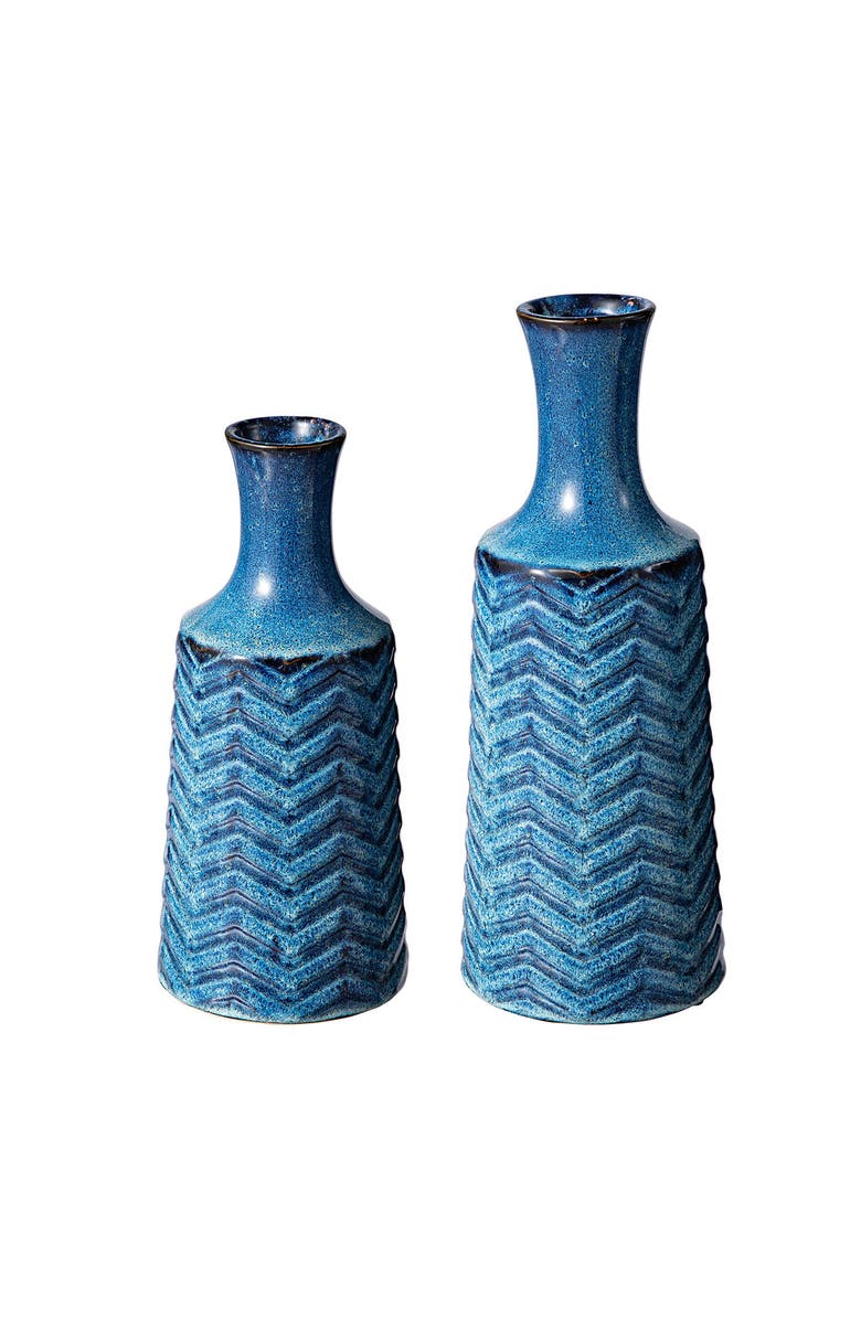 Glitzhome Set of 2 Modern Chevron Ceramic Table Vases, Main, color, Blue