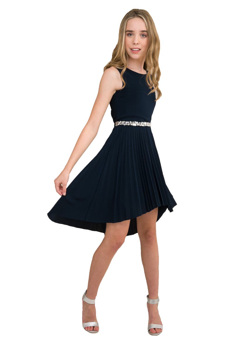 Pleated High Low Dress with Belt, Main, color, Navy