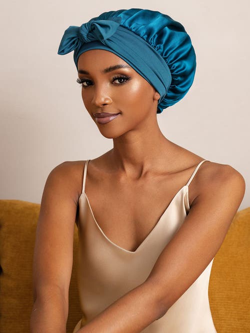 Silksilky Pure Silk Bowknot Tie Bonnet In Blue