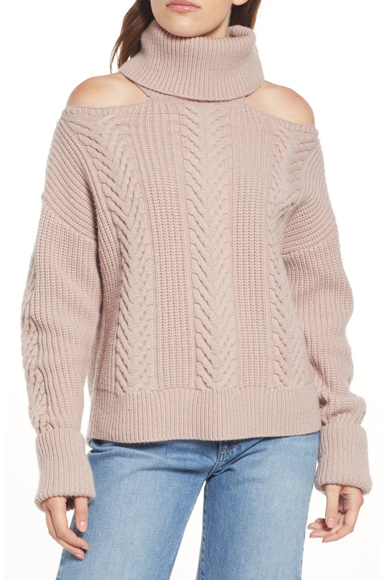 Lorilee Cold Shoulder Wool Blend Turtleneck Sweater, Main, color, WILDROSE
