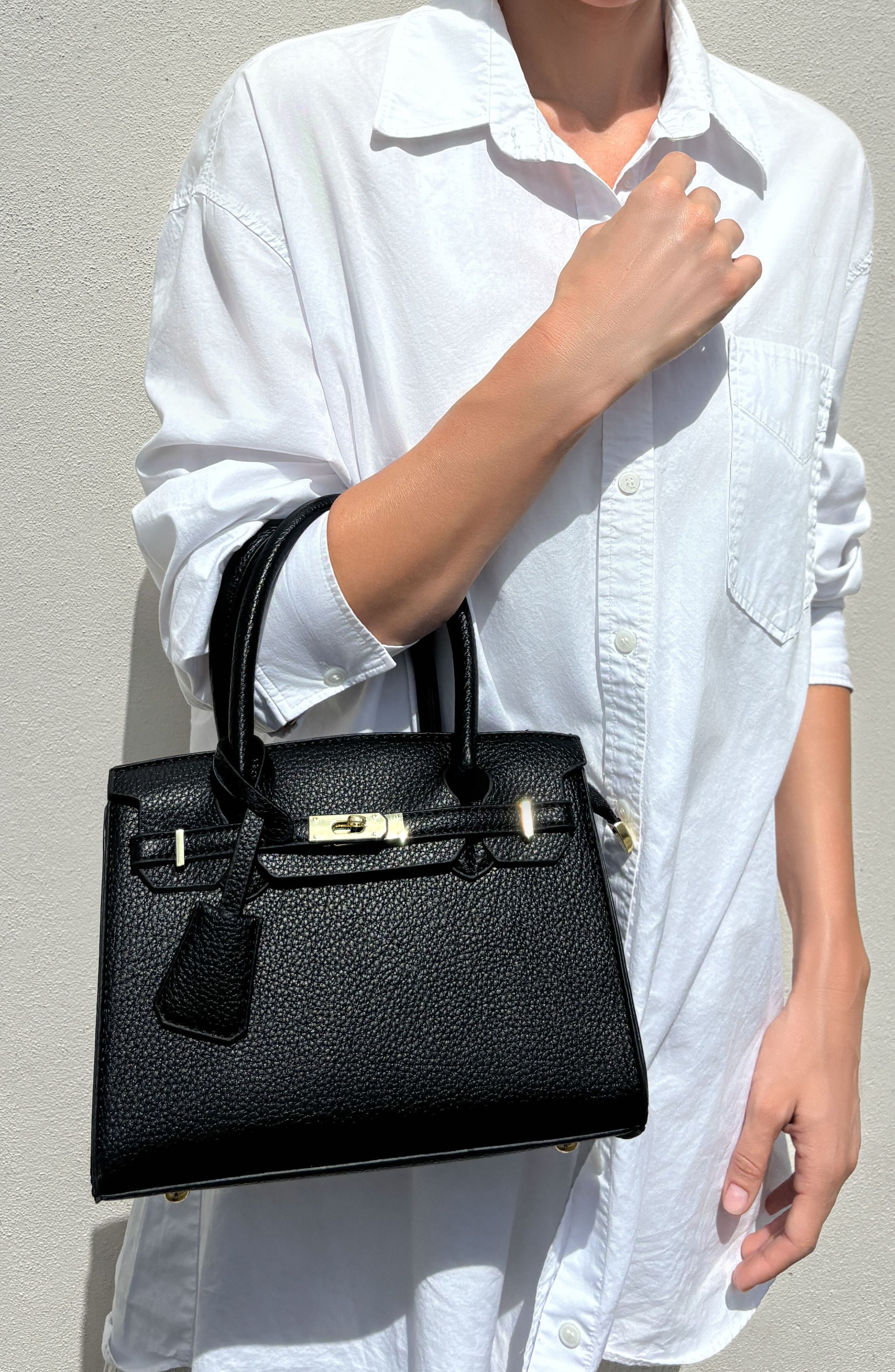 Faux Leather Top Handle Bag, Alternate, color, BLACK