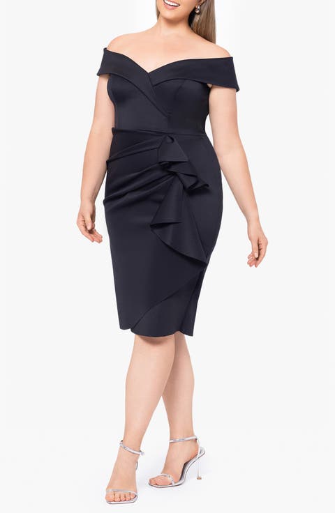 Ruffle Off the Shoulder Scuba Knit Cocktail Dress (Plus)