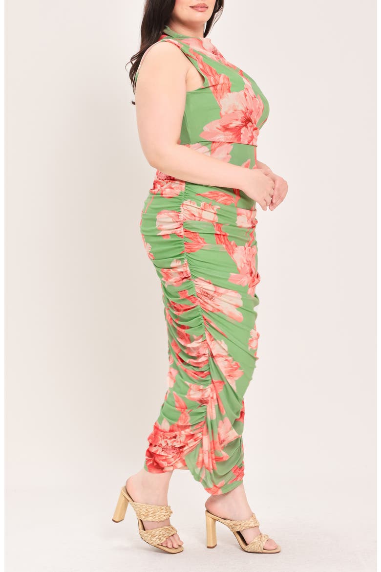 Floral Mesh Ruched Midi Dress, Alternate, color, SAGE