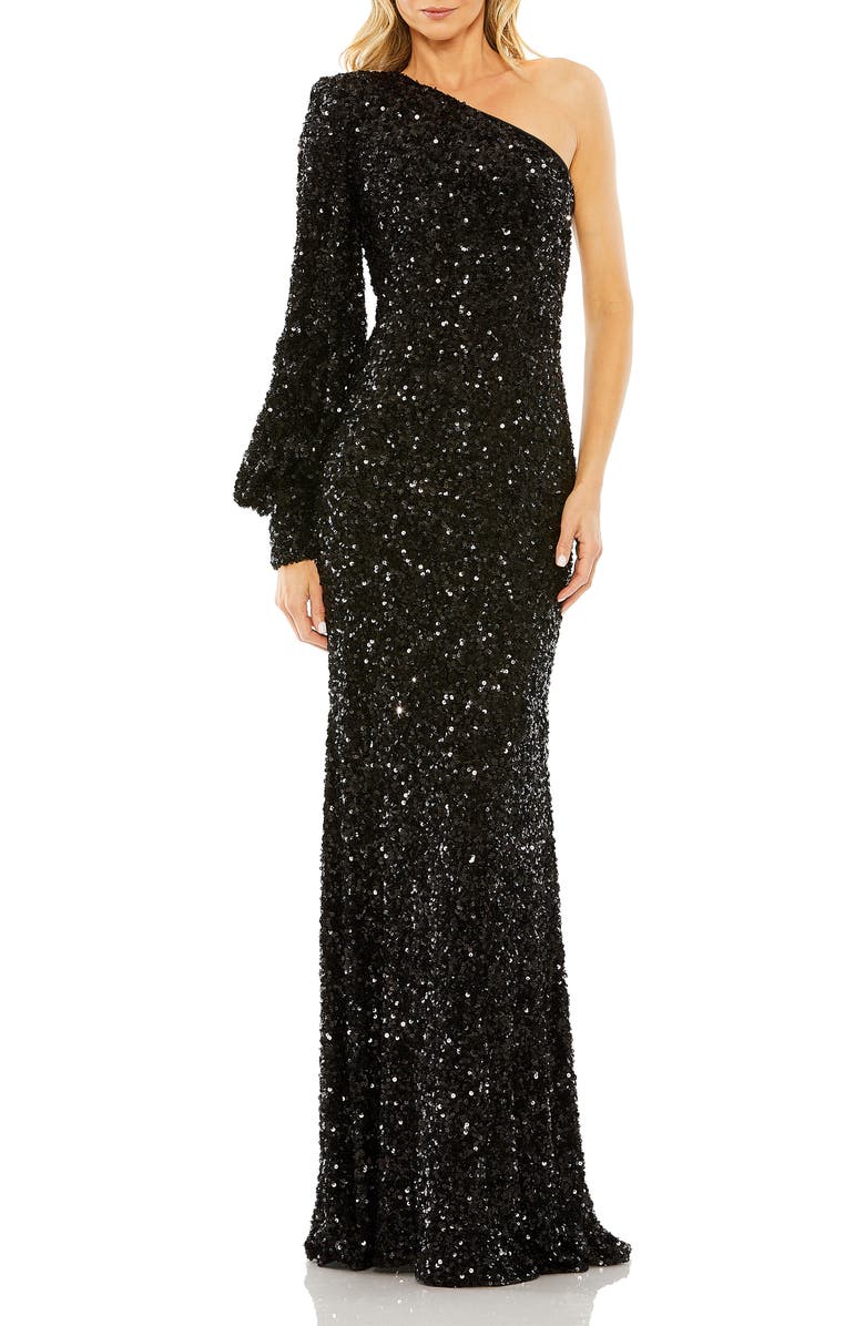 Mac Duggal Sequined One Shoulder Bishop Sleeve Trumpet Gown, Main, color, Black