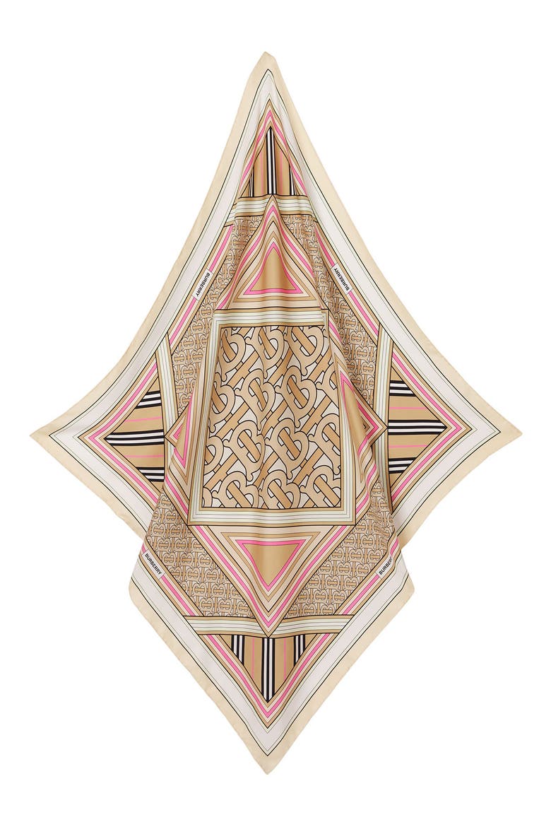 Monogram Print Square Silk Scarf, Alternate, color, BEIGE/ PALE PINK