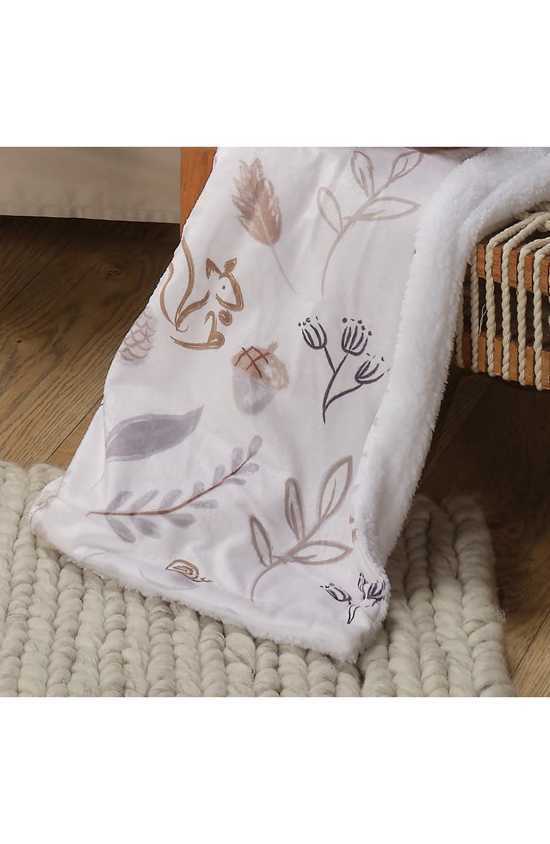 Lambs & Ivy Treetop Fox Woodland/Forest Minky/Faux Shearling Fleece Baby Blanket, Alternate, color, White