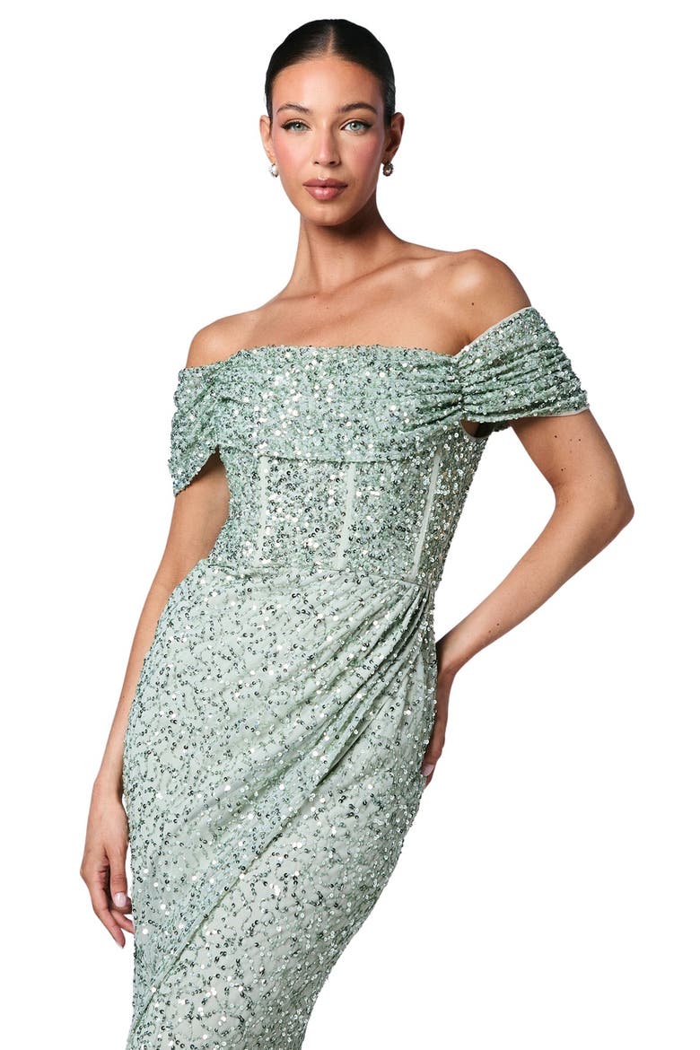 Sequin Bardot Maxi Bridesmaid Dress, Alternate, color, Sage