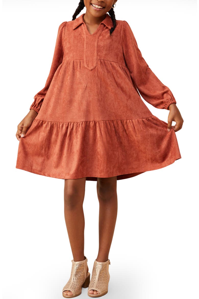 Kids' Vegan Faux Suede Tiered Swing Dress, Main, color, RUST