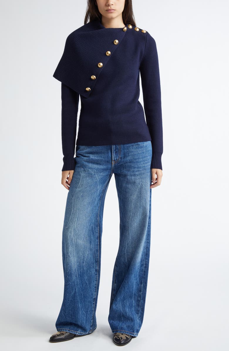 Rabanne Drape Shoulder Merino Wool Sweater, Alternate, color, Navy