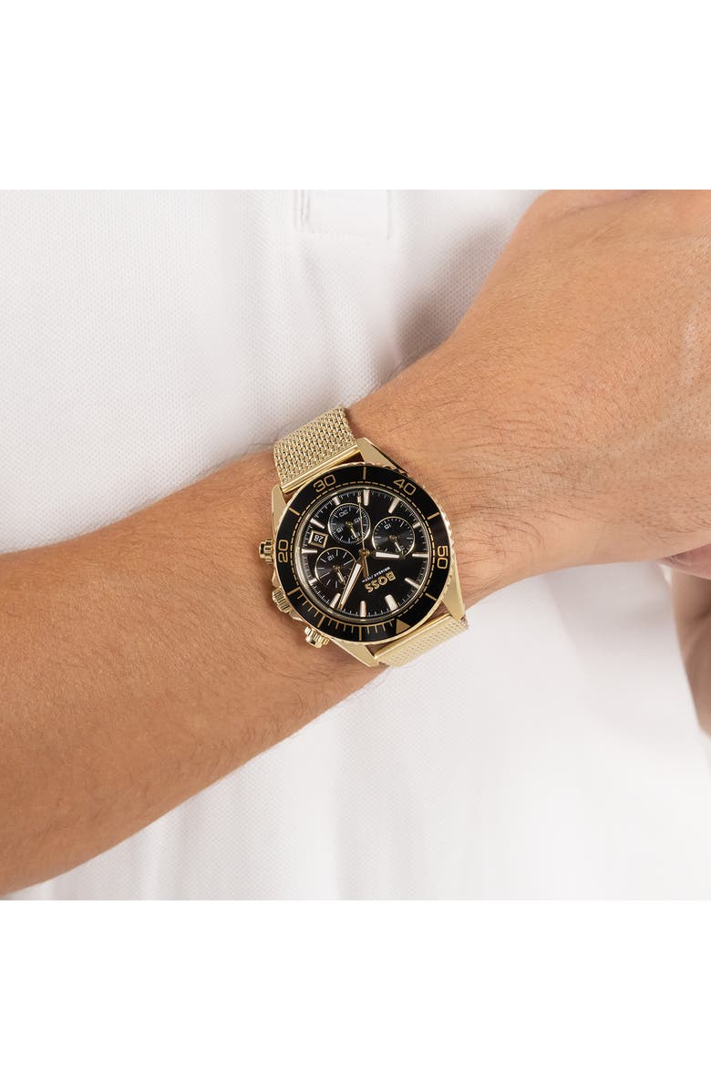 BOSS Sealiner Chronograph Goldtone Mesh Strap Watch, 44mm, Alternate, color, 