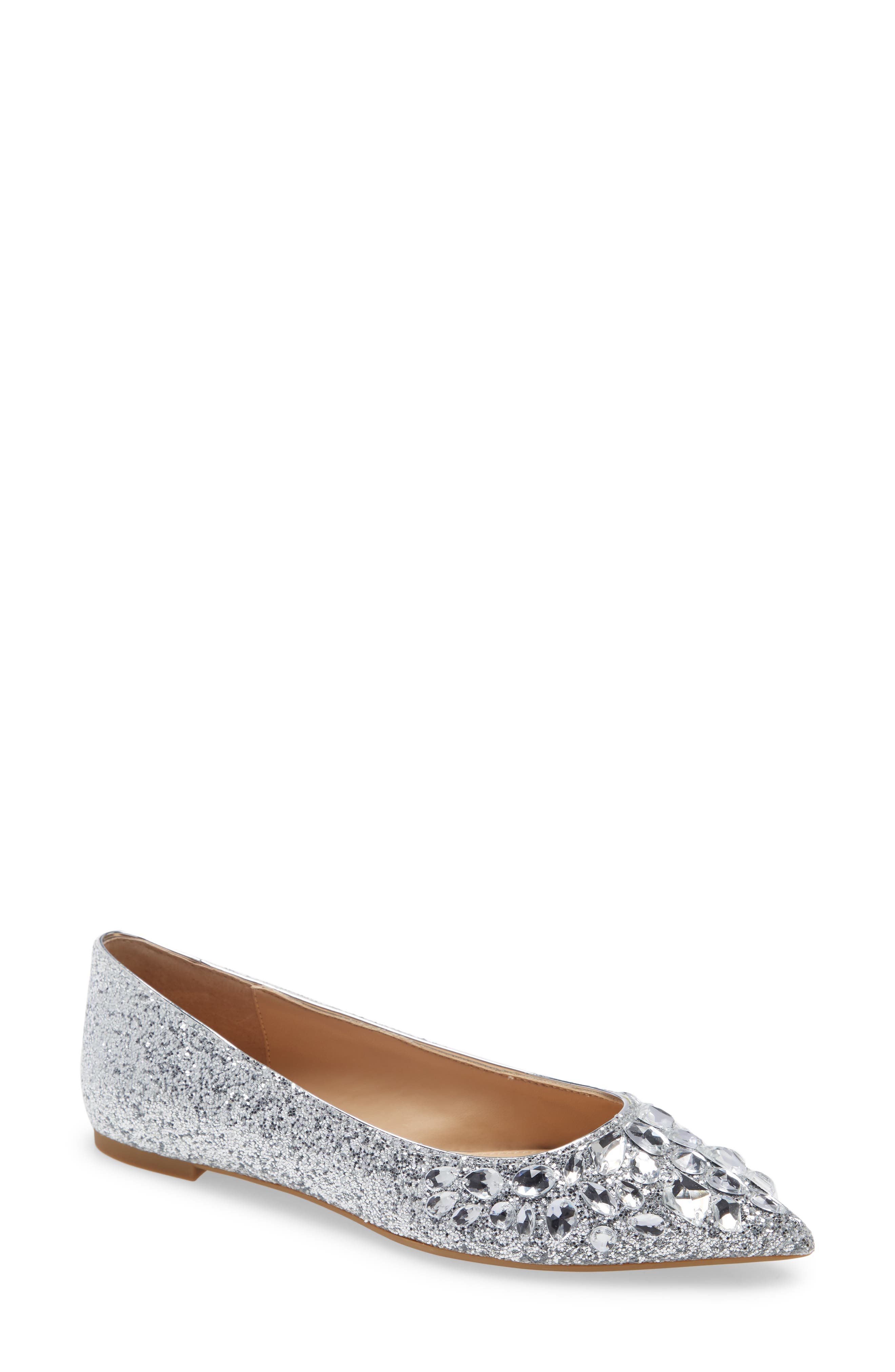 Ulanni Embellished Pointed Toe Glitter Flat, Main, color, SILVER METALLIC GLITTER
